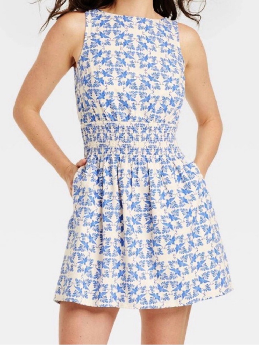 Universal Thread Blue and White Floral Smocked Mini Dress with Pockets!